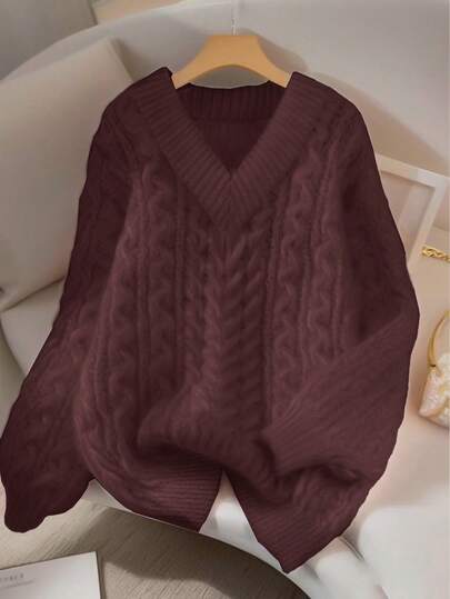 Franclia New Loose, Soft, Sweet Pink Oversized V-Neck Thick Cable Knit Pullover Sweater For Women, Unique Design, Versatile