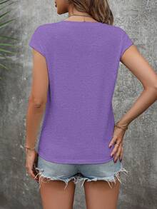 SHEIN LUNE Áo thun thời trang cổ chữ V màu trơn, thường ngày, đa năng, mùa hè - Màu tím - Xem 2