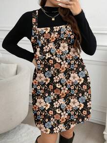 SHEIN LUNE Plus Size Colorful Floral Pattern Dress, Suitable For Autumn/Winter New Year Party - Multicolor - View 1
