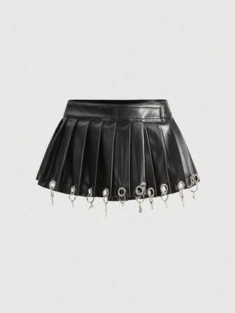 ROMWE Avant Damen Mode PU Leder Mini Plissee Rock mit rundem Ringdetail