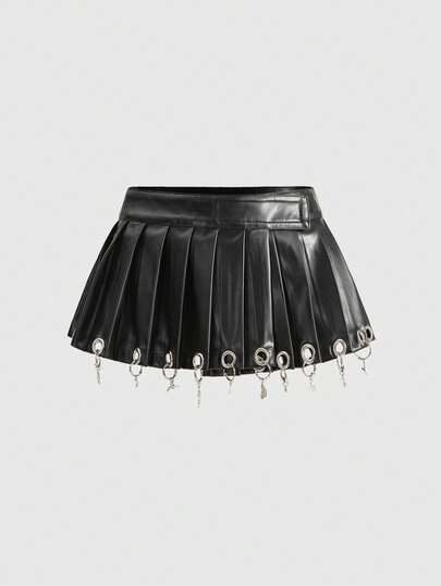 ROMWE Avant Jupe mini plissée en PU pour femmes avec détail d'anneau rond