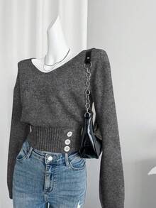 Celisse Women's Solid Color V-Neck Long Sleeve Button Design Casual Sweater, Autumn/Winter - Black and White - View 6