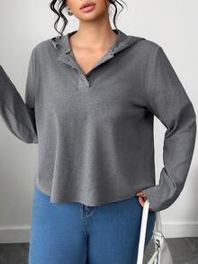 Elenzga Moletom com capuz feminino plus size elegante e minimalista com detalhes em renda, ideal para outono/inverno. - Cinza - Ver 5