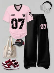 SHEIN 2 Pieces Set Casual College Girl Style Number Pattern V-Neck Short Sleeve Top And Wide Leg Sports Pants Summer Holiday