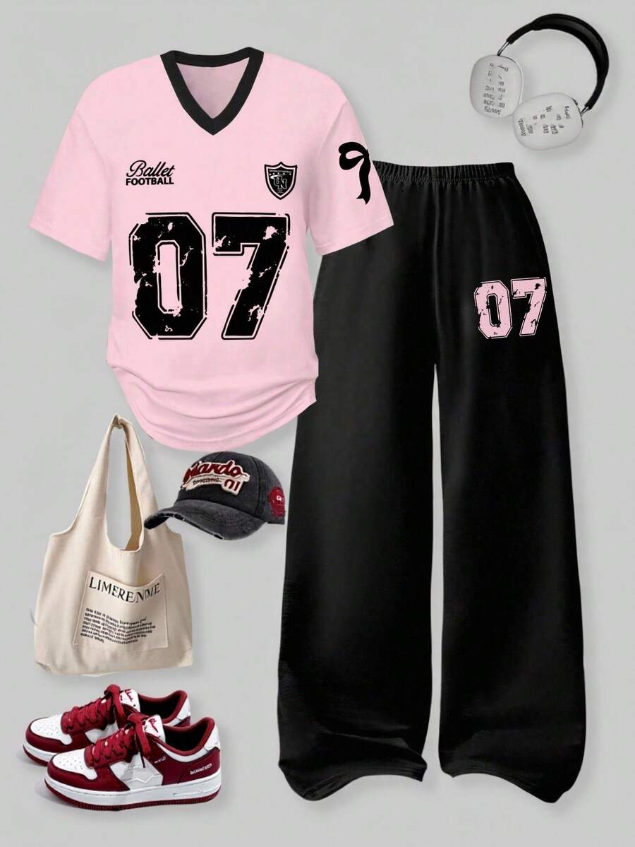 SHEIN 2 Pieces Set Casual College Girl Style Number Pattern V-Neck Short Sleeve Top And Wide Leg Sports Pants Summer Holiday