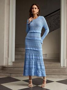 ZEYLAH 女式花卉几何图案针织长袖连衣裙，秋冬 - 藍色 - 查看 4