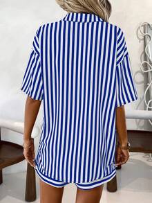SHEIN LUNE 2pcs Striped Print Casual Women Shirt & Shorts Set, Front Button Loose Versatile