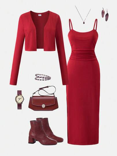 2pcs/Set Girls Solid Color Cropped Cardigan & Bodycon Camisole Dress Set, Suitable For Daily Wear And Gatherings, Fit For 13-16 Years Old