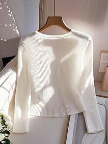 GlowEve 女士时尚商务休闲甜心领纽扣设计长袖 T 恤 - 白色 - 查看 4