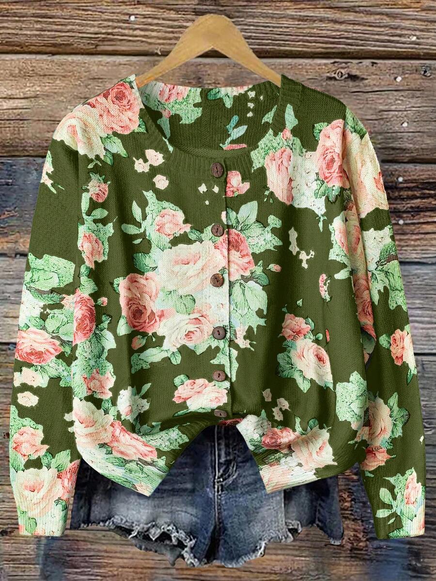 SHEIN Privé 大码女式休闲碎花纽扣开衫 - 軍綠色 - 查看 1