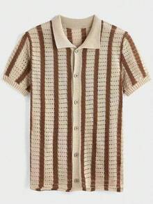 Manfinity Homme Men's Striped Short Sleeve Casual Hollow Out Collar Knitted Polo Shirt - Apricot - View 2