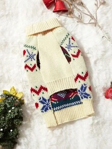 PETSIN 1件圣诞宠物猫狗通用杏色爱心雪花费尔岛图案提花针织弹力舒适狗狗圣诞毛衣 - 彩色 - 查看 6
