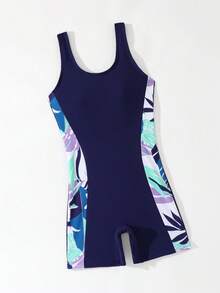 Tween Girl Tropical Print Patchwork One-Piece Swimsuit,Modest Navy Blue Swimwear For Women Teenage Girls,Summer Casual Beach Vacation Holiday Tankini - Navy Blue - View 6