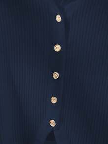 GlowEve 女式纯色长袖单排扣休闲罗纹T恤 - 藏蓝色 - 查看 3