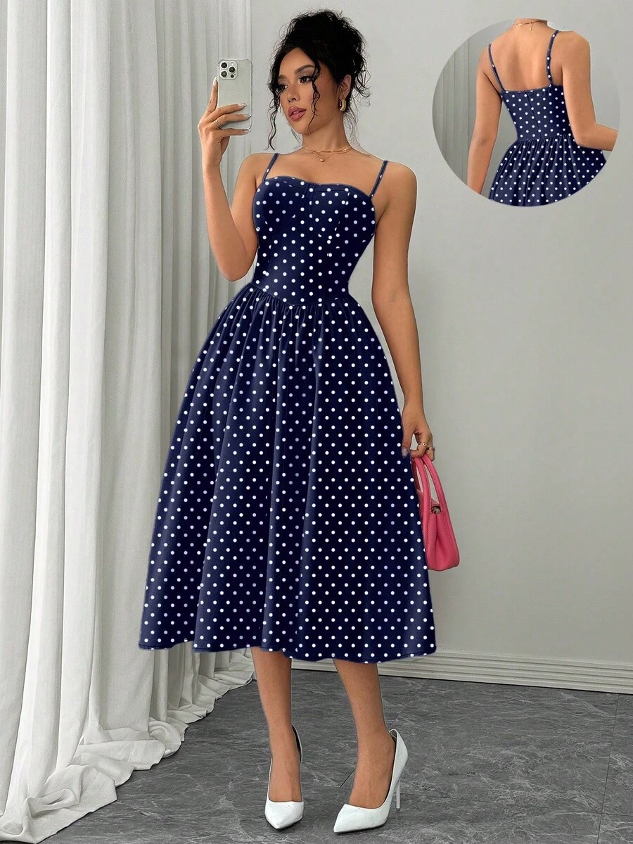 Rafferiza Fashionable Versatile Cocktail Party Spaghetti Strap Waist Flared Hem Pink Dress For Women, Autumn/Winter - Navy Blue - View 1