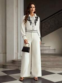 ZEYLAH White Blouse With Black Floral Lace Trim, Suitable For Commuting - Beige - View 4