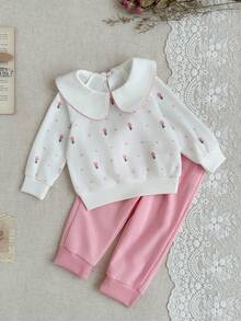 SHEIN 2baby Girl Winter & Autumn Clothing Back To School Season 3M-3Y White Casual Floral Print Collar Long Sleeve Top Button Front Elastic Waist Pink Comfortable & Soft Fashionable Daily Wear Suitable For Winter & Autumn Outdoor Wear Ideal As A Gift Daily Outfit - Multicolor - View 1