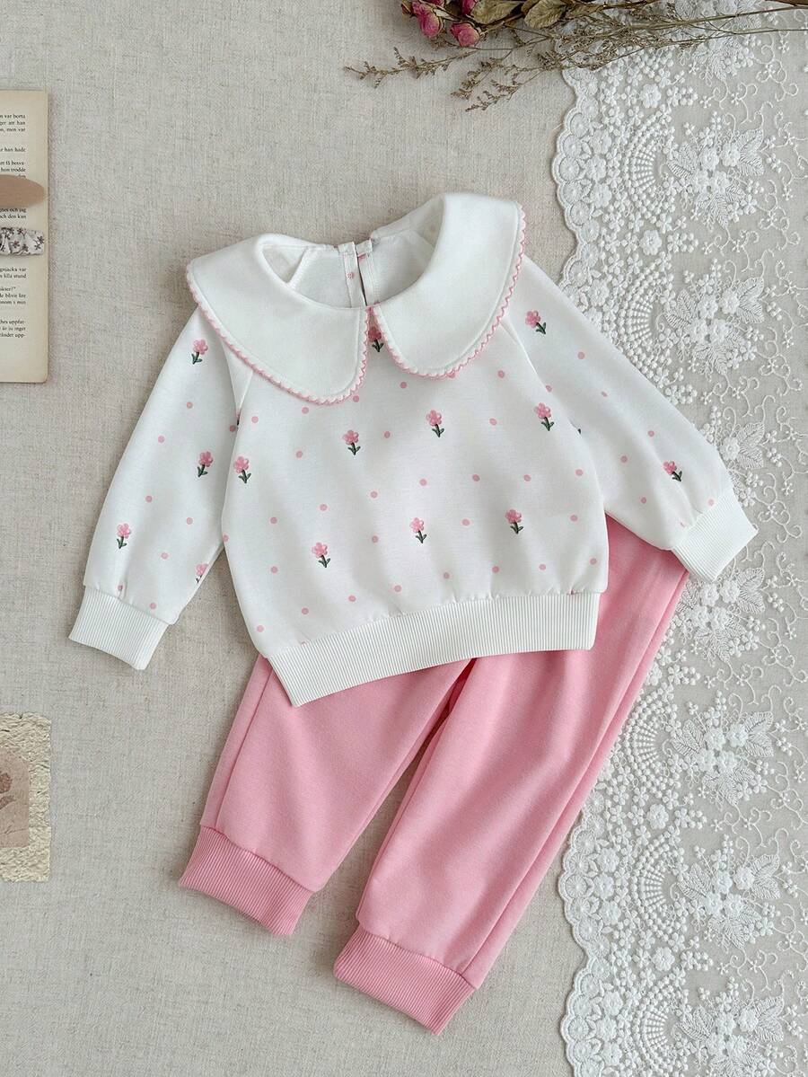 SHEIN 2baby Girl Winter & Autumn Clothing Back To School Season 3M-3Y White Casual Floral Print Collar Long Sleeve Top Button Front Elastic Waist Pink Comfortable & Soft Fashionable Daily Wear Suitable For Winter & Autumn Outdoor Wear Ideal As A Gift Daily Outfit - Multicolor - View 1