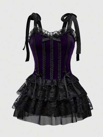 Goth Abito estivo da donna con spalline a spaghetti, stile gotico vintage, con pizzo a contrasto, pendente a croce, stile palazzo, taglie comode