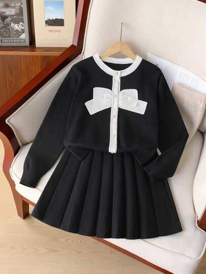 Sparklyn 女童蝴蝶结针织毛衣长袖夹克和裙子套装，秋冬时尚