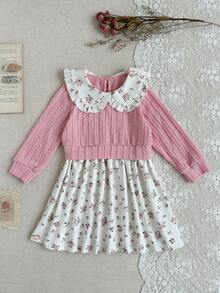 SHEIN 女婴花卉提花针织连衣裙，带荷叶边下摆，舒适柔软，适合春秋冬季，休闲穿着或送礼 - 粉色 - 查看 3