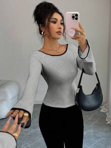 Elenzga Camiseta de mujer con lazo decorativo, cuello redondo, manga raglán y puños acanalados, ajustada y con bajo abierto, de moda - Gris - Ver 4