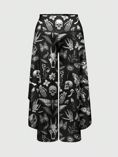 Gothic Dark Mysterious Horror Skeleton Asymmetrical Hem High Waist Slimming Forest Dark Mysterious Leaf Asymmetrical Hem Plus Size Pants
