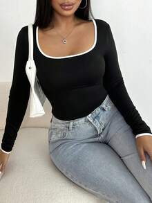 Chiquease 1pc Women's Contrast Binding Crew Neck Long Sleeve Bodycon Cropped T-Shirt For Spring Outfit