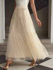 ZEYLAH Women's Elegant Gold & Silver Metallic Elastic Waist MesSkirtrt - Apricot - View 4