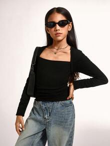 Radiana Tween Girls T-Shirt With Queen Anne Neckline For Everyday Casual Style Long Sleeve,Fall/Winter,Halloween ,Christmas,Party,Graduation ,Elegant - Black - View 5