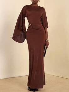 Lyxana Women's Asymmetric Sleeve Cinched Waist Metal Buckle Decor Elegant Long Dress - Brown - View 5