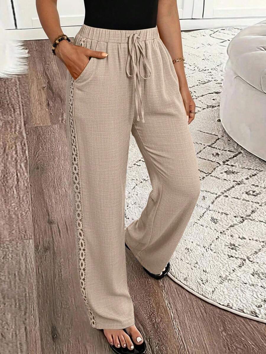 EMERY ROSE Women's Casual Side Lace Solid Denim Effect Long Pants Fall Cloth For Women - Khaki - View 1