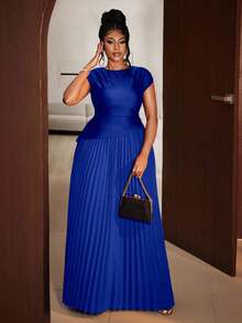 Maweii Plus Size Women Elegant Solid Color Pleated Round Neck Sleeveless Dress - Blue - View 3