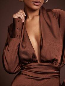 Hauture Women's Fashionable Sexy Deep V-Neck Gold Satin Mini Dress - Brown - View 5