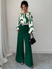 Elenzga 女式印花拼布腰部阔腿连体裤，优雅廓形，适合日常通勤和百搭穿着 - 綠色 - 查看 3