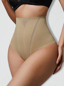 1 件女士无缝高腰塑身内裤，简约网眼塑身内衣 - 卡其色 - 查看 5