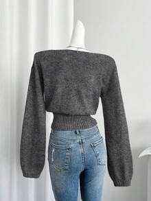 Celisse Women's Solid Color V-Neck Long Sleeve Button Design Casual Sweater, Autumn/Winter - Black and White - View 2