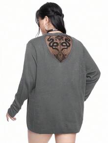 ROMWE Áo khoác cardigan mỏng họa tiết da rắn họa tiết hoa Gothic cỡ lớn cho nữ - Màu xám đen - Xem 8