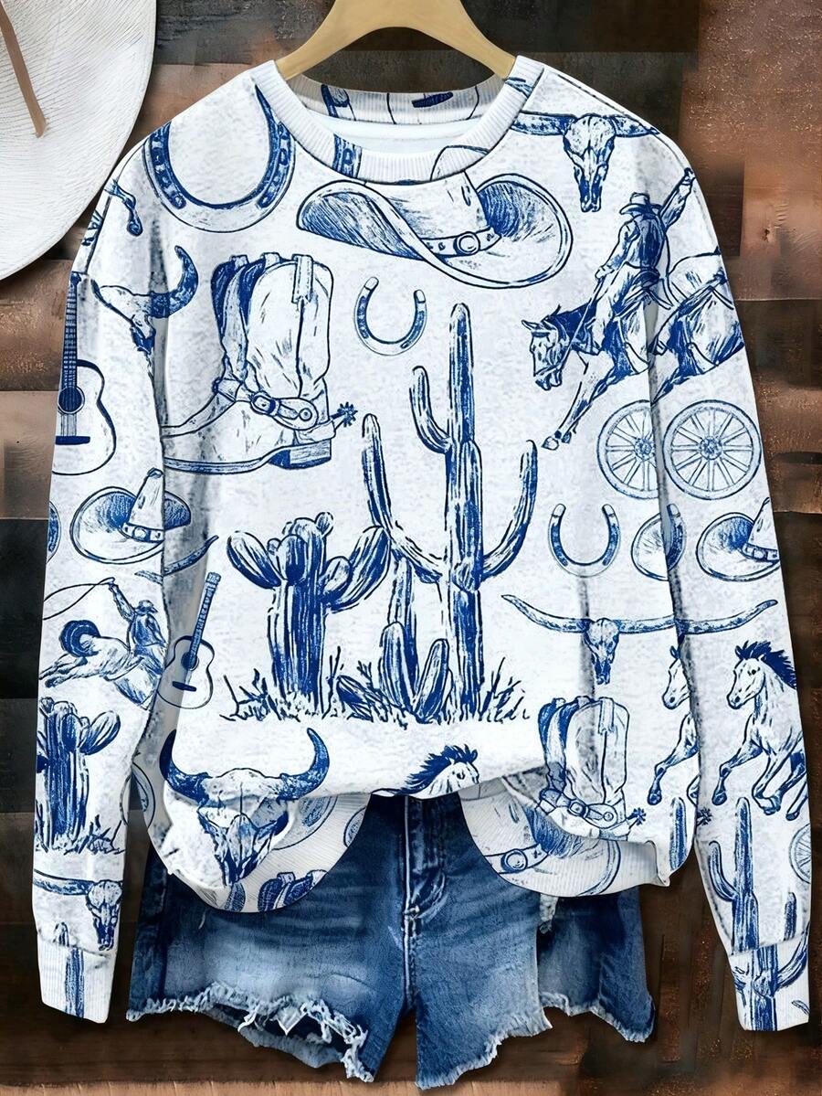 EMERY ROSE Áo nỉ cổ tròn phong cách miền Tây cổ điển đa năng bán chạy dành cho nữ có họa tiết giày cao bồi, xương rồng, ngựa phi nước đại và các họa tiết miền Tây khác - Hoàn hảo cho mùa thu và mùa đông. - Nhiều màu - Xem 1