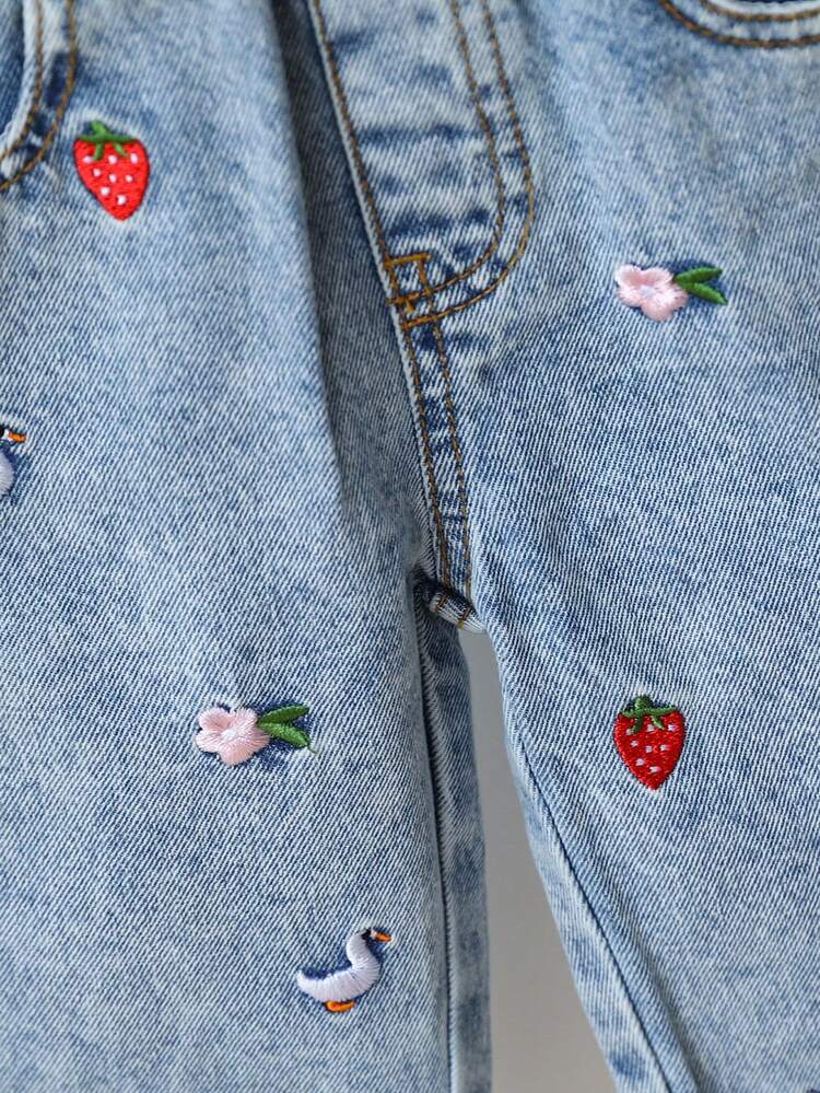 1 件婴幼儿牛仔裤，浅蓝色，可爱刺绣设计，合身款式，舒适，适合日常外出、上学、通勤，全新秋冬系列 - 淺色水洗藍 - 查看 4