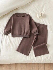 SHEIN 女婴条纹熊针织毛衣和裤子两件套，舒适温暖，适合秋冬季，适合休闲、上学、派对和日常穿着 - 棕色 - 查看 2