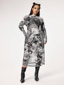 ROMWE Grunge Punk Đầm ôm body co giãn lưới in họa tiết cá chép cổ điển cỡ lớn gợi cảm dành cho nữ - Đen và trắng - Xem 5