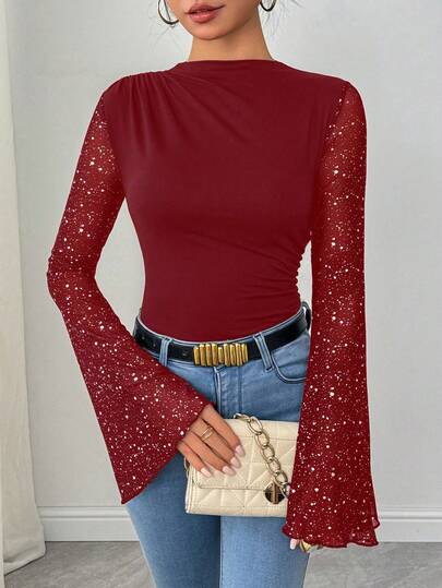 Islaluna Women's Metallic Glitter Mesh Ruched Bodysuit With Flare Sleeves Red Sequin Top Christmas Outfit For Women Burgundy Top Dark Red Top Wine Red Top Red Long Sleeve Top