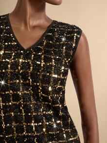 SHEIN Veneréa Women's Contrast Color Sequin V-Neck Sleeveless Tank Top