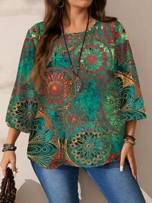 EMERY ROSE Plus Size Women Casual All-Over Print Round Neck Loose 3/4 Sleeve Shirt, Autumn/Winter - Multicolor - View 6