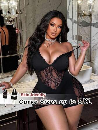 SHEIN CURVE+ Plus Size Women's Contrast Lace Deep V Sexy Spaghetti Strap Romperwinter Christmas Summer Party Elegant New Year