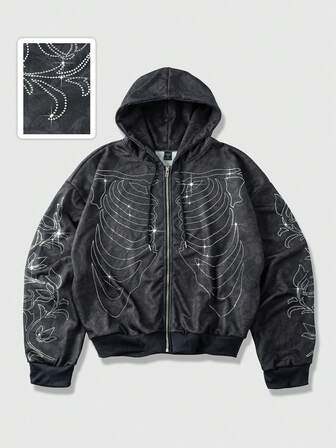 Goth Sudadera con capucha con cremallera y cordón de hombre con estampado de esqueleto de rhinestone