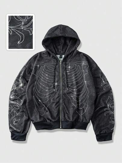 Goth Felpa con cappuccio da uomo con stampa di scheletro in strass e chiusura lampo frontale con coulisse