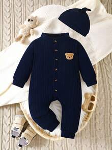 SHEIN Salopetă din fleece de culoare uni pentru bebeluși, 1 bucată, stil casual moale și confortabil, potrivită pentru ieșiri de toamnă/iarnă, joacă în aer liber, vacanță, purtare zilnică, călătorii - Albastru regal - Vizualizare 3