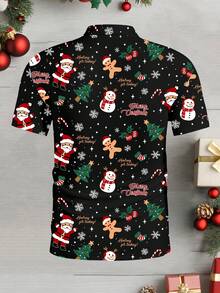 Manfinity Homme Weihnachtlich süßes Polo-Shirt mit Allover-Muster von Weihnachtsmann und Schneemann für Herren in Große Größen, schafft eine warme Familien-Atmosphäre - Schwarz - Übersicht 2